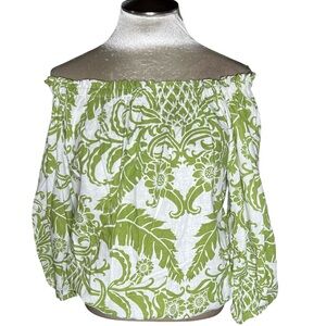 Rachel Zoe White and Green Off-Shoulder print leaf linen blend Blouse M